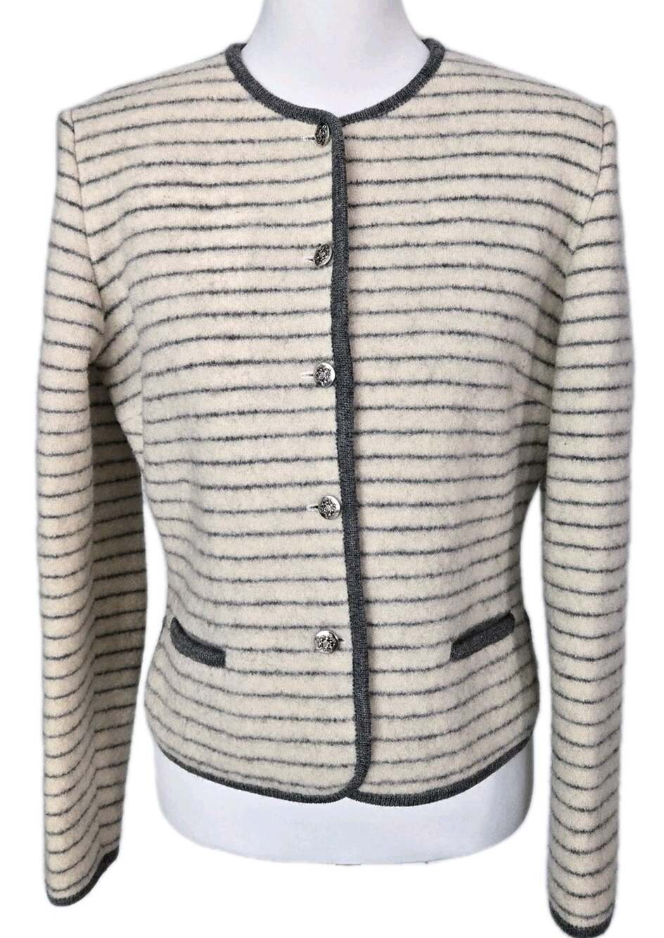 Vintage Preppy Academia SKYR Pure Wool Structured Striped Cardigan Sweater Sz 10